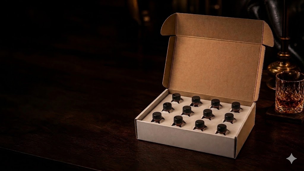 The Pour Calendar — a branded whiskey advent calendar box of amber pour bottles on a dark bar with a glass of bourbon